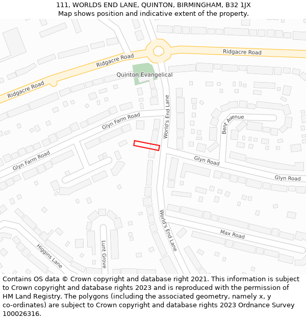 111, WORLDS END LANE, QUINTON, BIRMINGHAM, B32 1JX: Location map and indicative extent of plot