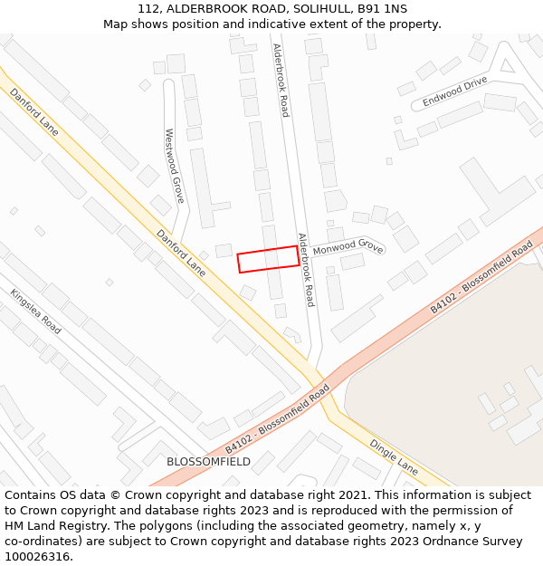 112, ALDERBROOK ROAD, SOLIHULL, B91 1NS: Location map and indicative extent of plot