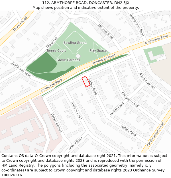 112, ARMTHORPE ROAD, DONCASTER, DN2 5JX: Location map and indicative extent of plot