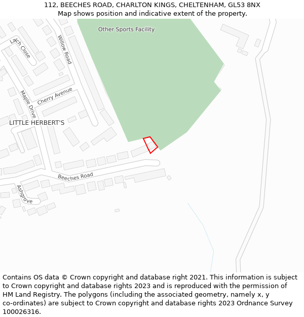 112, BEECHES ROAD, CHARLTON KINGS, CHELTENHAM, GL53 8NX: Location map and indicative extent of plot