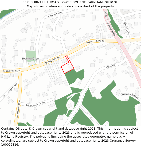 112, BURNT HILL ROAD, LOWER BOURNE, FARNHAM, GU10 3LJ: Location map and indicative extent of plot