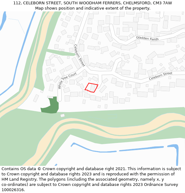 112, CELEBORN STREET, SOUTH WOODHAM FERRERS, CHELMSFORD, CM3 7AW: Location map and indicative extent of plot