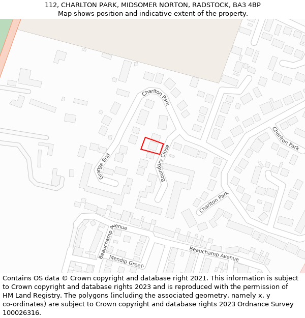 112, CHARLTON PARK, MIDSOMER NORTON, RADSTOCK, BA3 4BP: Location map and indicative extent of plot