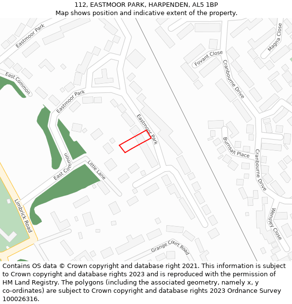 112, EASTMOOR PARK, HARPENDEN, AL5 1BP: Location map and indicative extent of plot