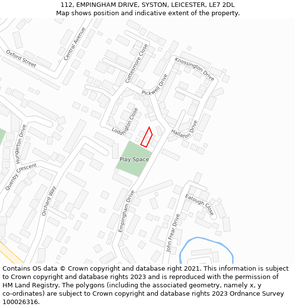 112, EMPINGHAM DRIVE, SYSTON, LEICESTER, LE7 2DL: Location map and indicative extent of plot