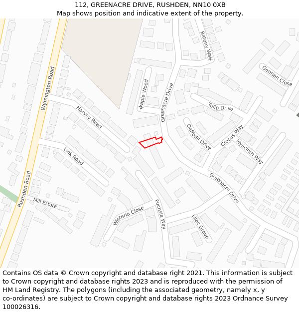 112, GREENACRE DRIVE, RUSHDEN, NN10 0XB: Location map and indicative extent of plot