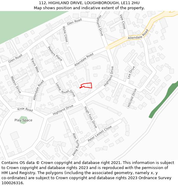 112, HIGHLAND DRIVE, LOUGHBOROUGH, LE11 2HU: Location map and indicative extent of plot