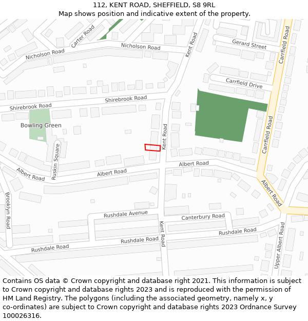 112, KENT ROAD, SHEFFIELD, S8 9RL: Location map and indicative extent of plot