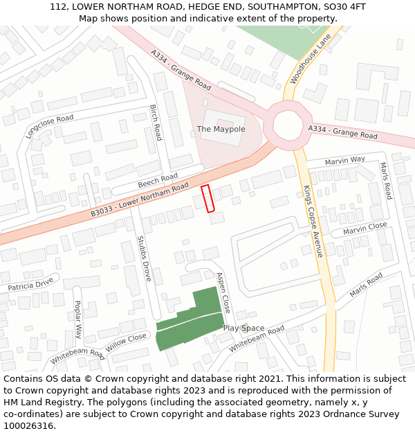 112, LOWER NORTHAM ROAD, HEDGE END, SOUTHAMPTON, SO30 4FT: Location map and indicative extent of plot