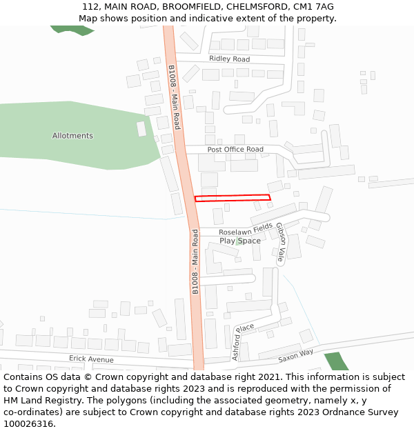 112, MAIN ROAD, BROOMFIELD, CHELMSFORD, CM1 7AG: Location map and indicative extent of plot