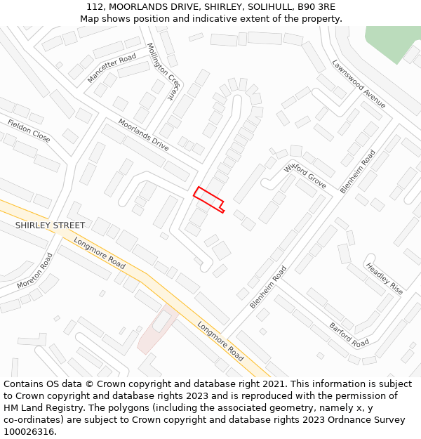 112, MOORLANDS DRIVE, SHIRLEY, SOLIHULL, B90 3RE: Location map and indicative extent of plot