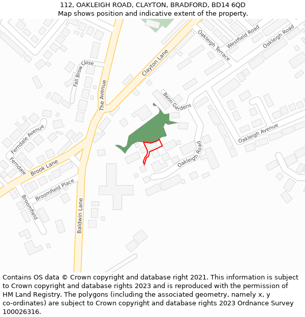112, OAKLEIGH ROAD, CLAYTON, BRADFORD, BD14 6QD: Location map and indicative extent of plot