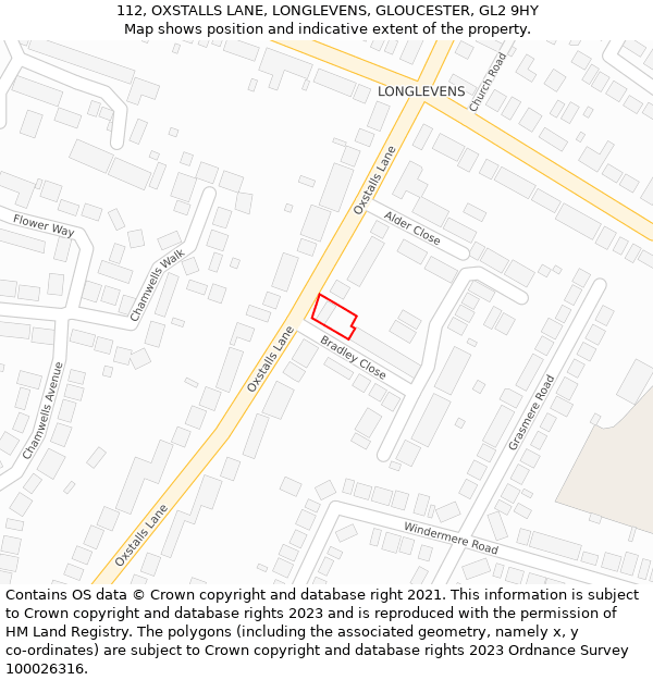 112, OXSTALLS LANE, LONGLEVENS, GLOUCESTER, GL2 9HY: Location map and indicative extent of plot