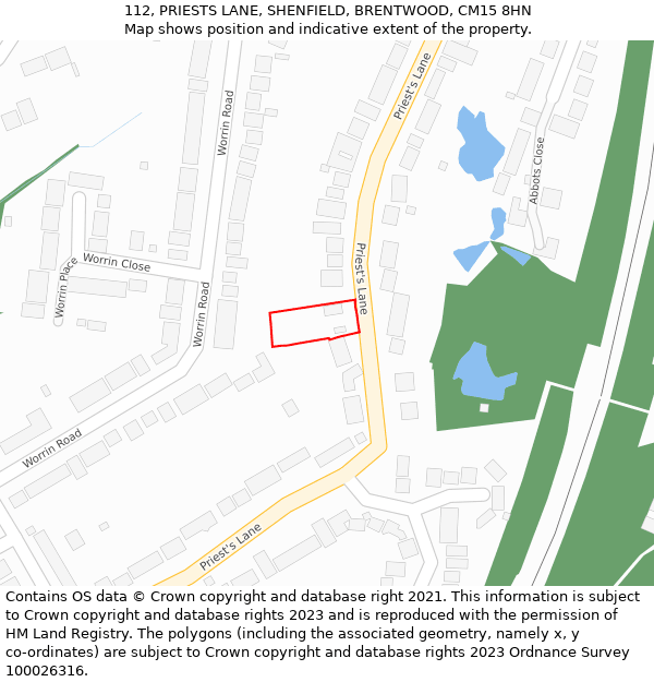 112, PRIESTS LANE, SHENFIELD, BRENTWOOD, CM15 8HN: Location map and indicative extent of plot