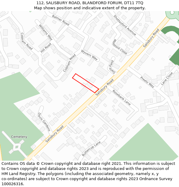 112, SALISBURY ROAD, BLANDFORD FORUM, DT11 7TQ: Location map and indicative extent of plot