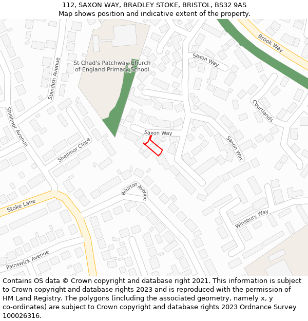 112, SAXON WAY, BRADLEY STOKE, BRISTOL, BS32 9AS: Location map and indicative extent of plot