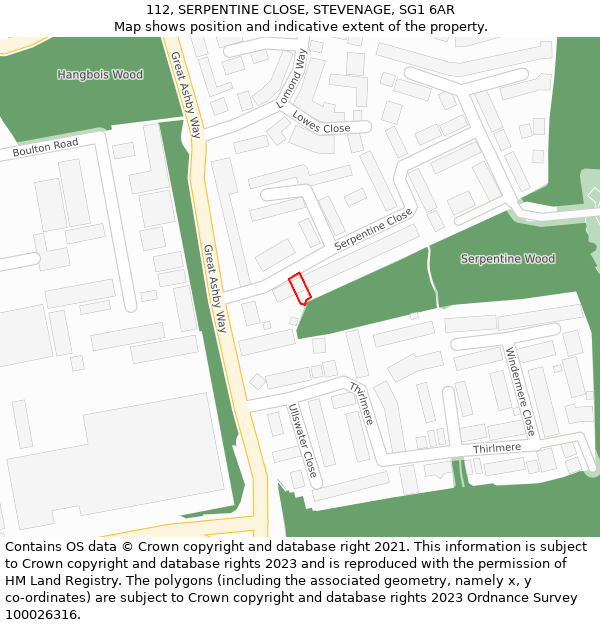 112, SERPENTINE CLOSE, STEVENAGE, SG1 6AR: Location map and indicative extent of plot