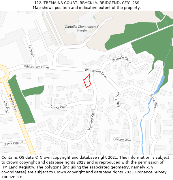 112, TREMAINS COURT, BRACKLA, BRIDGEND, CF31 2SS: Location map and indicative extent of plot