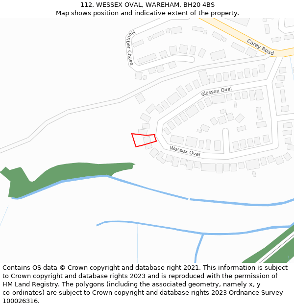 112, WESSEX OVAL, WAREHAM, BH20 4BS: Location map and indicative extent of plot