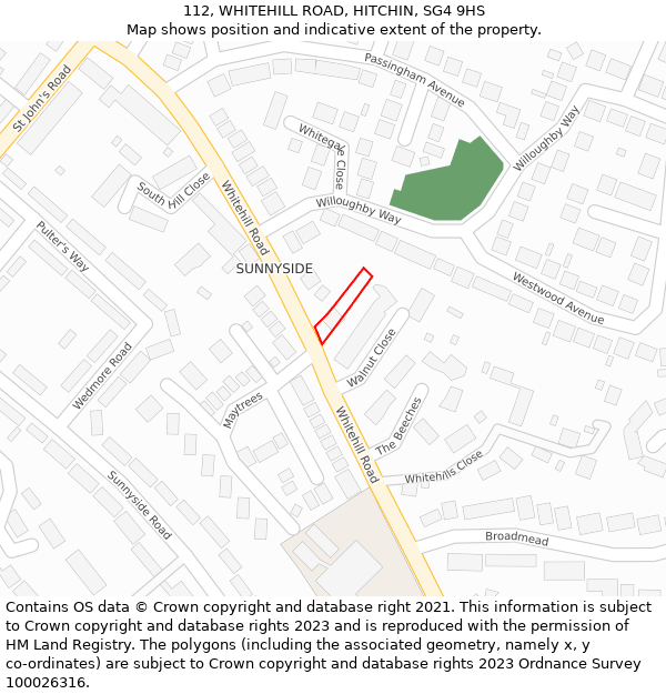 112, WHITEHILL ROAD, HITCHIN, SG4 9HS: Location map and indicative extent of plot