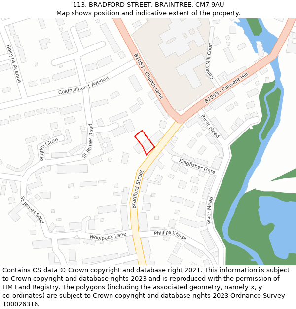 113, BRADFORD STREET, BRAINTREE, CM7 9AU: Location map and indicative extent of plot