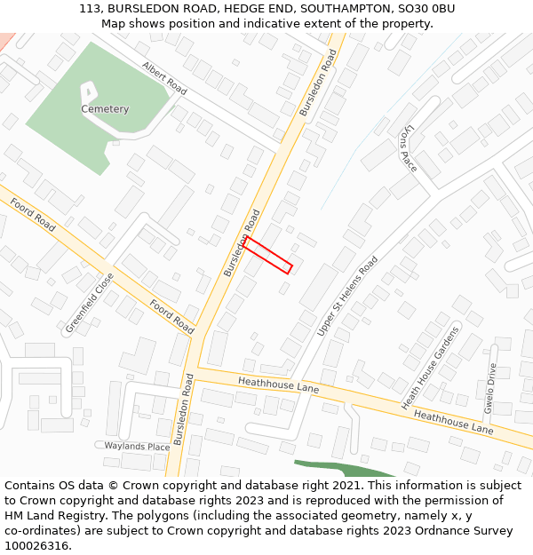 113, BURSLEDON ROAD, HEDGE END, SOUTHAMPTON, SO30 0BU: Location map and indicative extent of plot