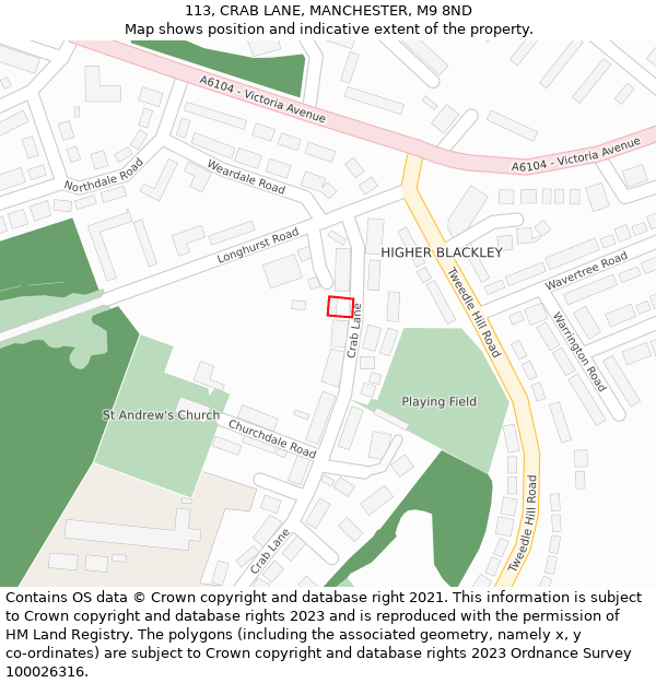 113, CRAB LANE, MANCHESTER, M9 8ND: Location map and indicative extent of plot