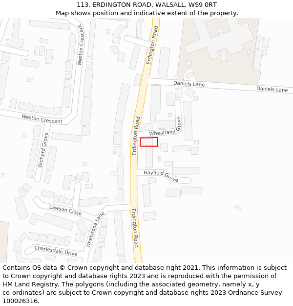 113, ERDINGTON ROAD, WALSALL, WS9 0RT: Location map and indicative extent of plot