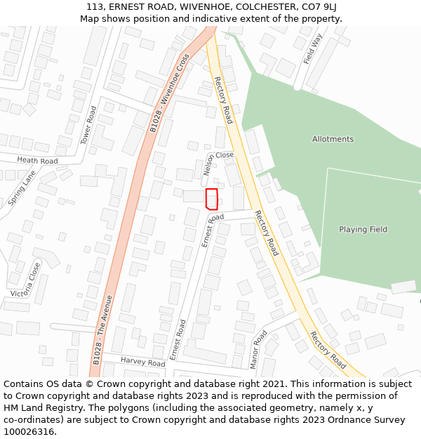 113, ERNEST ROAD, WIVENHOE, COLCHESTER, CO7 9LJ: Location map and indicative extent of plot