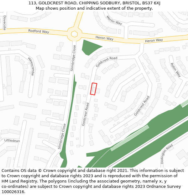 113, GOLDCREST ROAD, CHIPPING SODBURY, BRISTOL, BS37 6XJ: Location map and indicative extent of plot