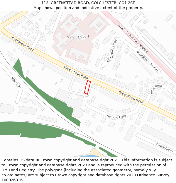 113, GREENSTEAD ROAD, COLCHESTER, CO1 2ST: Location map and indicative extent of plot
