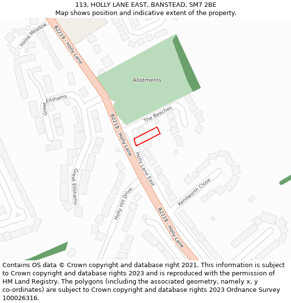 113, HOLLY LANE EAST, BANSTEAD, SM7 2BE: Location map and indicative extent of plot