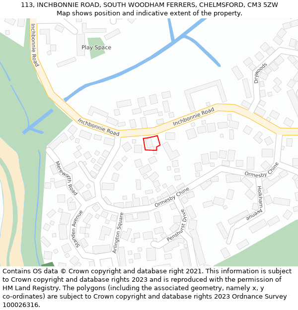 113, INCHBONNIE ROAD, SOUTH WOODHAM FERRERS, CHELMSFORD, CM3 5ZW: Location map and indicative extent of plot