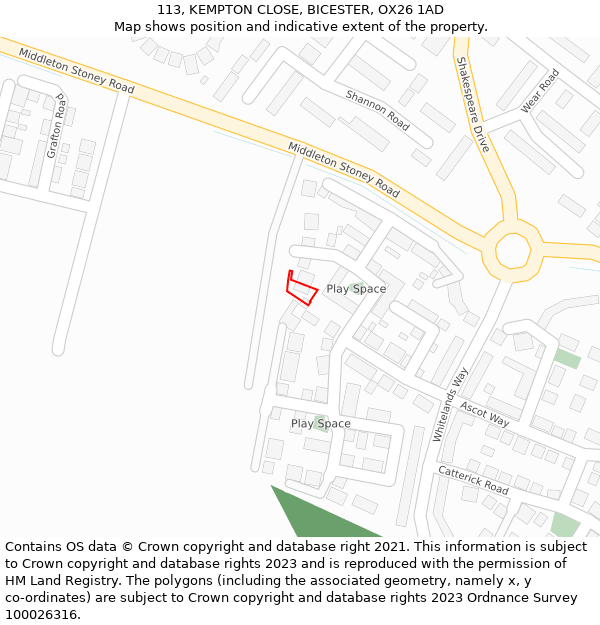 113, KEMPTON CLOSE, BICESTER, OX26 1AD: Location map and indicative extent of plot