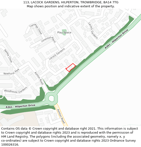 113, LACOCK GARDENS, HILPERTON, TROWBRIDGE, BA14 7TG: Location map and indicative extent of plot