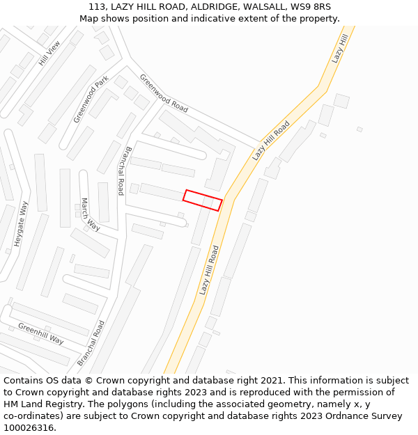 113, LAZY HILL ROAD, ALDRIDGE, WALSALL, WS9 8RS: Location map and indicative extent of plot