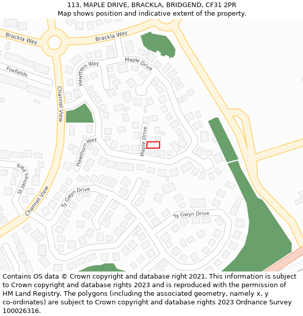 113, MAPLE DRIVE, BRACKLA, BRIDGEND, CF31 2PR: Location map and indicative extent of plot