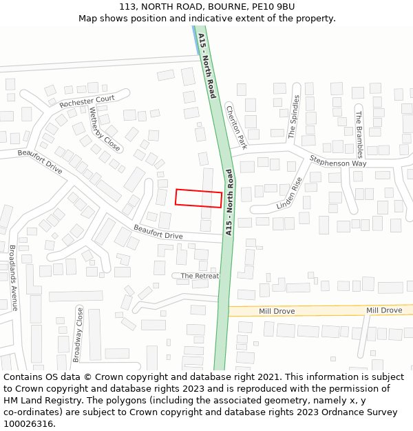 113, NORTH ROAD, BOURNE, PE10 9BU: Location map and indicative extent of plot