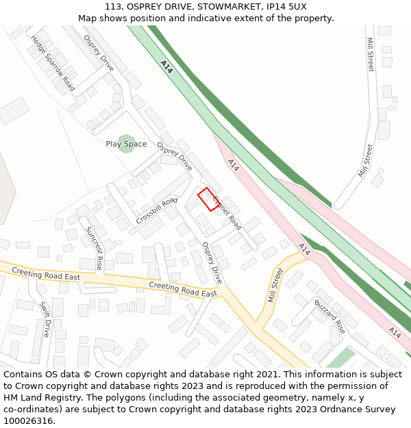 113, OSPREY DRIVE, STOWMARKET, IP14 5UX: Location map and indicative extent of plot