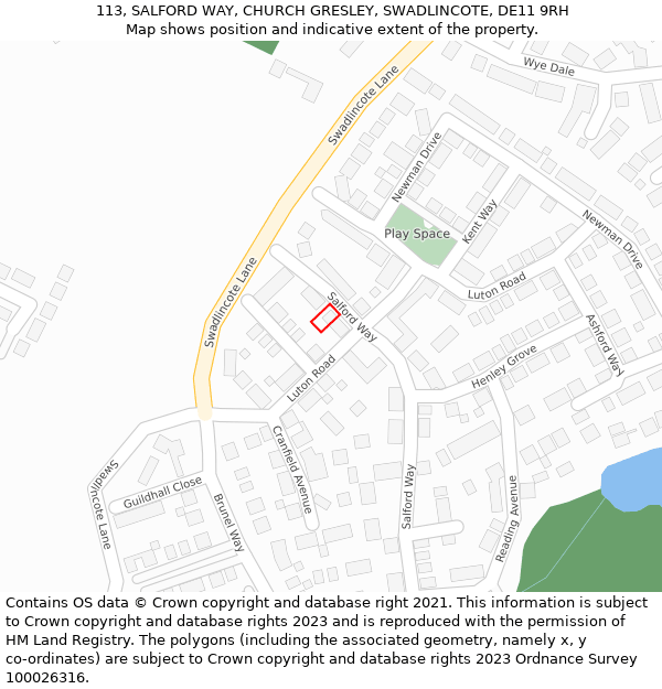 113, SALFORD WAY, CHURCH GRESLEY, SWADLINCOTE, DE11 9RH: Location map and indicative extent of plot