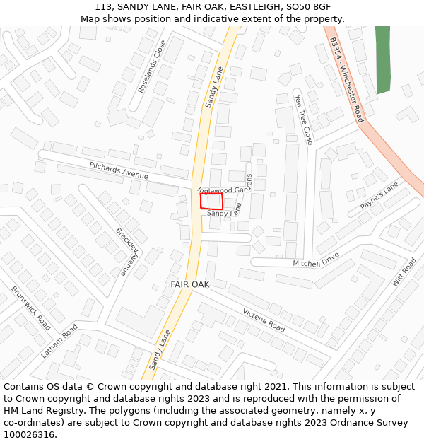 113, SANDY LANE, FAIR OAK, EASTLEIGH, SO50 8GF: Location map and indicative extent of plot