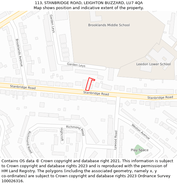 113, STANBRIDGE ROAD, LEIGHTON BUZZARD, LU7 4QA: Location map and indicative extent of plot