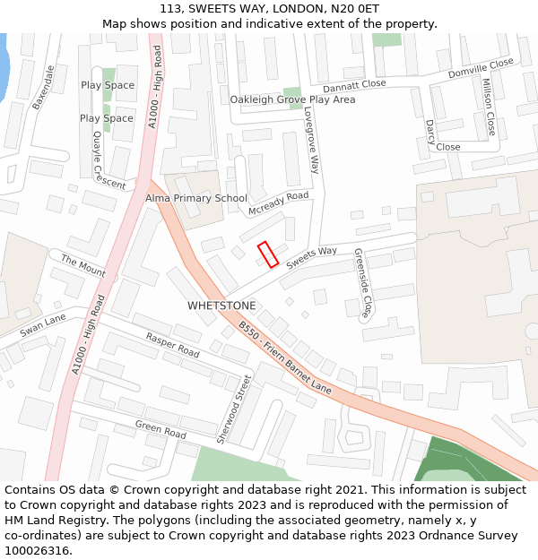 113, SWEETS WAY, LONDON, N20 0ET: Location map and indicative extent of plot