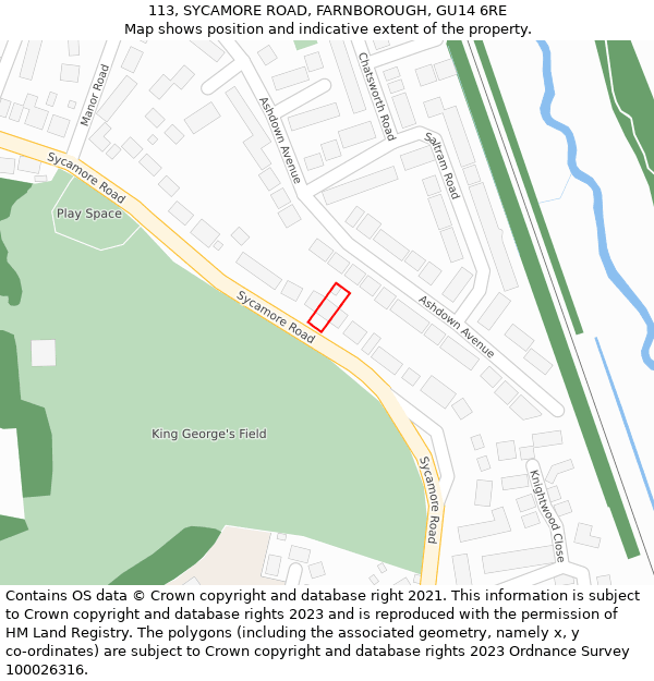 113, SYCAMORE ROAD, FARNBOROUGH, GU14 6RE: Location map and indicative extent of plot