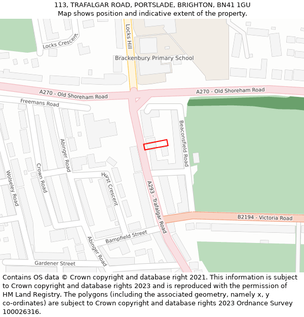 113, TRAFALGAR ROAD, PORTSLADE, BRIGHTON, BN41 1GU: Location map and indicative extent of plot