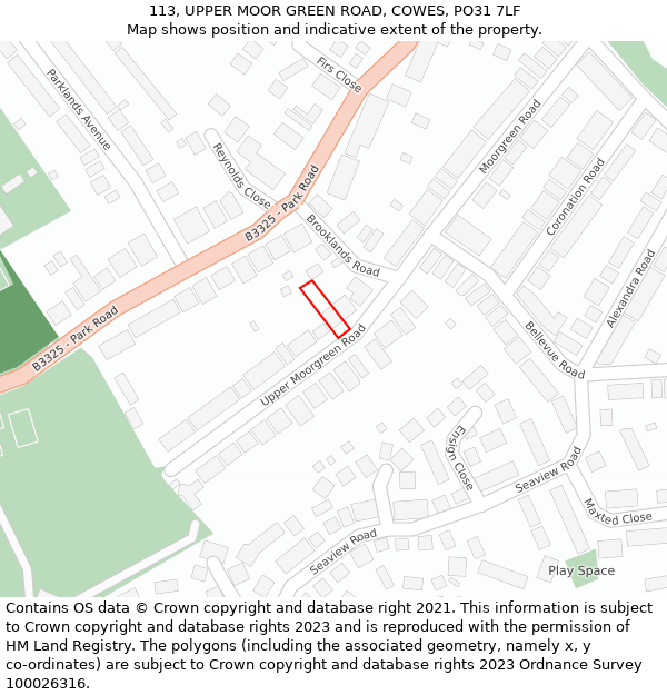 113, UPPER MOOR GREEN ROAD, COWES, PO31 7LF: Location map and indicative extent of plot