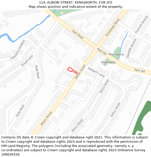 114, ALBION STREET, KENILWORTH, CV8 2FZ: Location map and indicative extent of plot