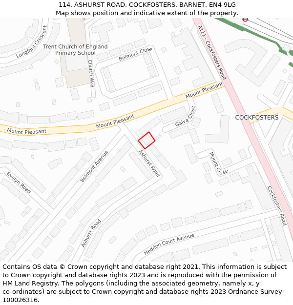 114, ASHURST ROAD, COCKFOSTERS, BARNET, EN4 9LG: Location map and indicative extent of plot