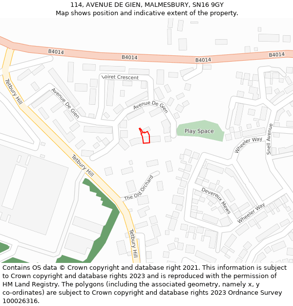 114, AVENUE DE GIEN, MALMESBURY, SN16 9GY: Location map and indicative extent of plot