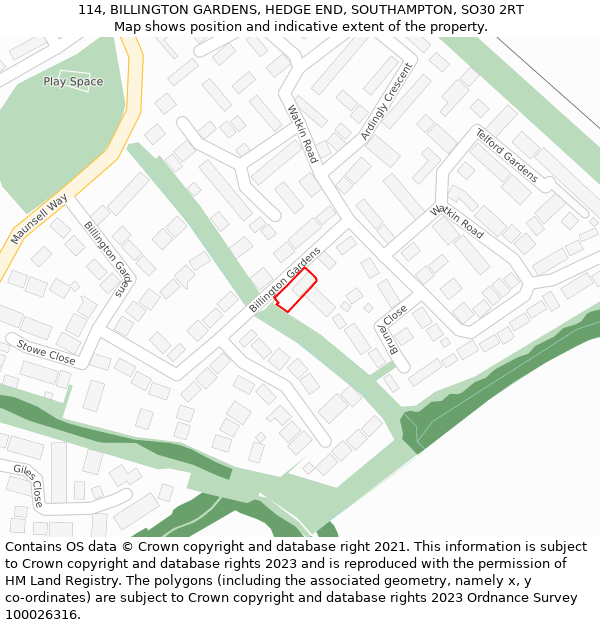 114, BILLINGTON GARDENS, HEDGE END, SOUTHAMPTON, SO30 2RT: Location map and indicative extent of plot